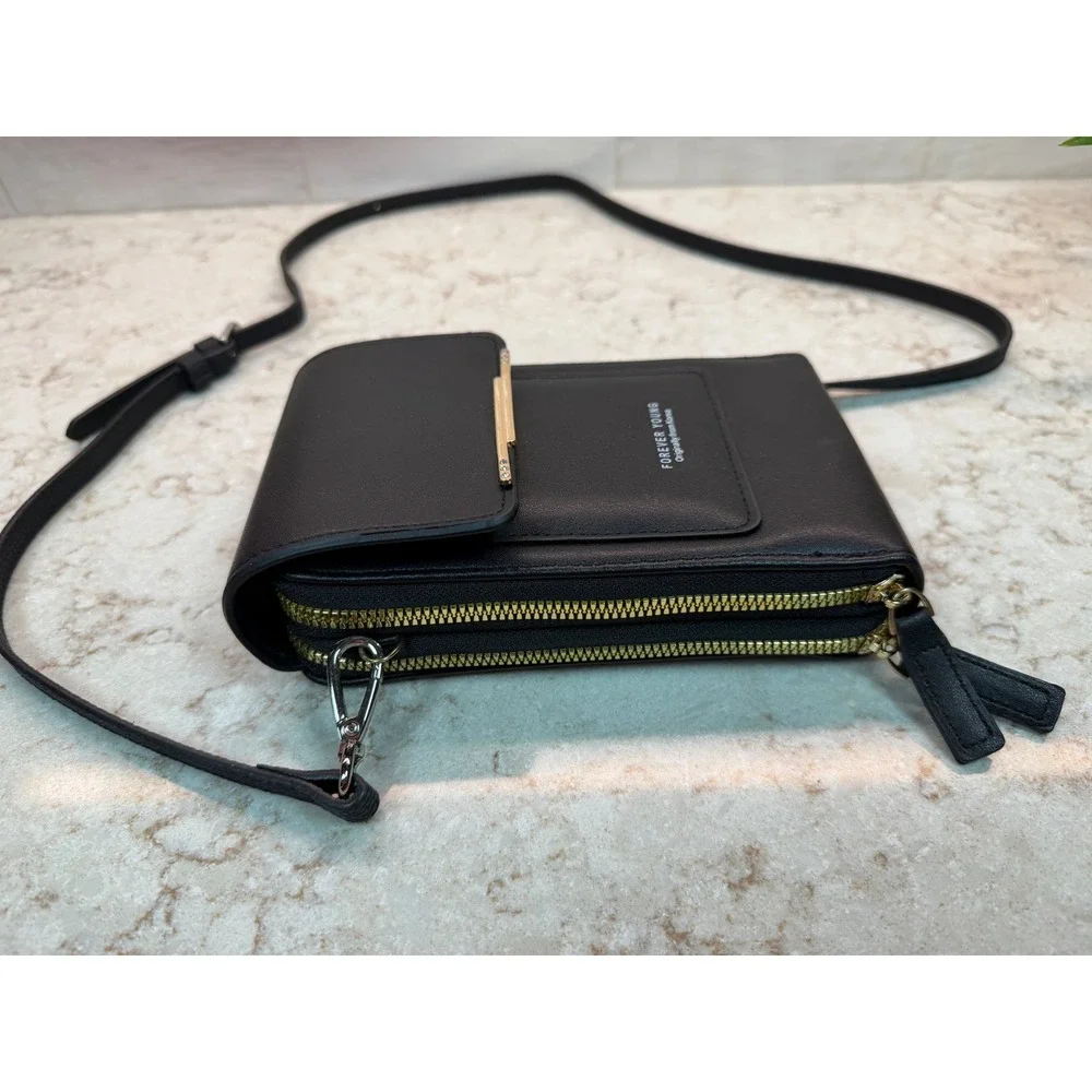 Forever‎ Young Black Crossbody Phone Bag Wallet Double Zip Gold Hardware Korea